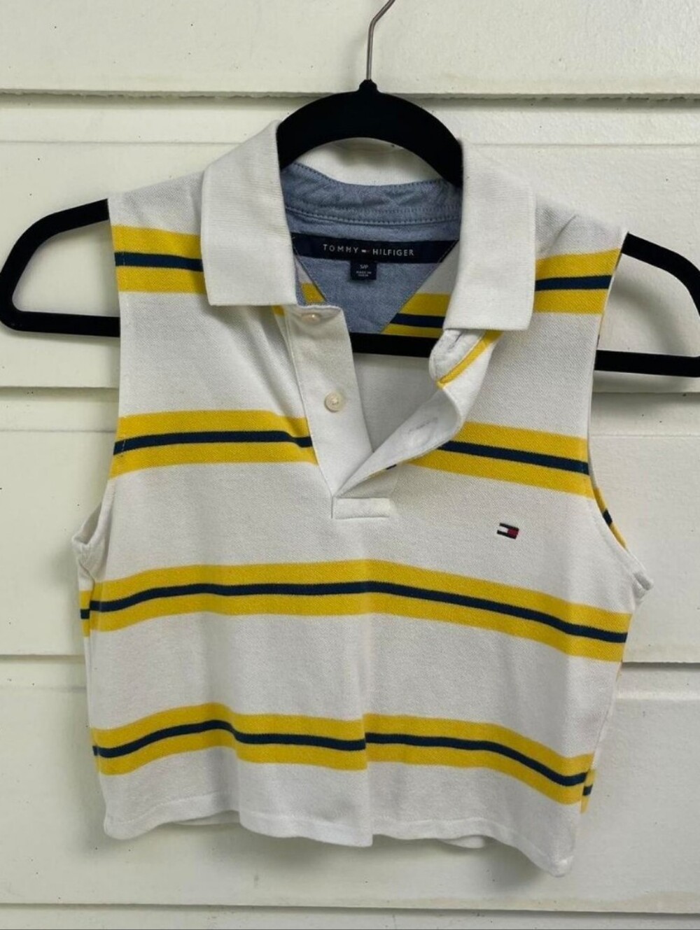 Tommy Hilfiger Cropped White Sleeveless Polo Tank with Yellow & Navy Stripes